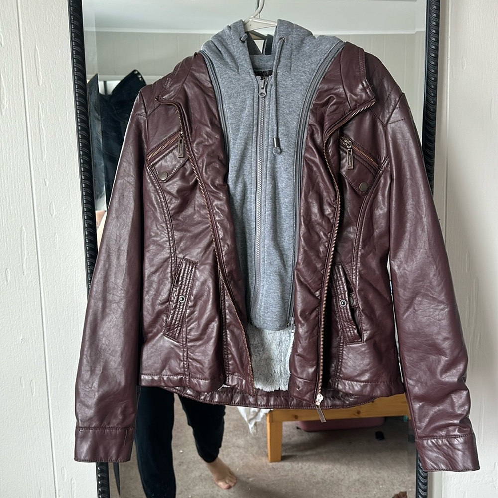 Maroon and grey leather hoodie jacket size XL BUT RUNS SMALLER THAN XL